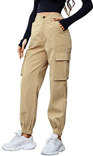 SOLY HUX Damen Cargo Hose Classics Cargohose Straight Hohe Taille Capri Lange Hosen Streatwear mit Taschen Khaki XS