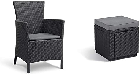 Keter Allibert by Gartensessel Iowa, Graphit/cool Grey & Allibert by Cube Hocker mit Stauraum, grau, inkl. Kissen, Deckel abnehmbar, Flache Rattanoptik, wetterfest, 42x42x39cm