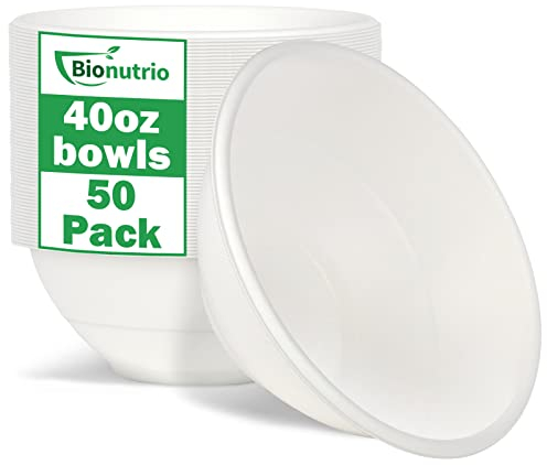 Bionutrio 40oz Large Disposable Bowls, 50 Pack Compostable Paper, Heavy Duty for Hot Soup, White Bagasse, Microwavable Safe for Salad Cereals, Snacks