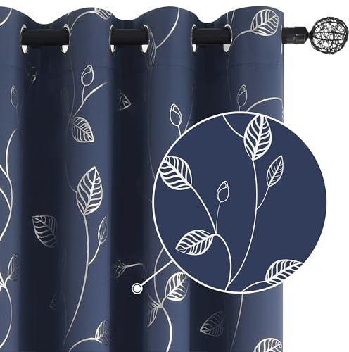 BUHUA Thermo-Verdunkelungsvorhänge, 243,8 cm lang, schallisolierende Vorhänge mit silbernem Blattdruck, 132,1 x 243,8 cm, Marineblau, 2 Stück
