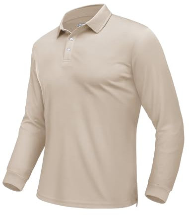 EKLENTSON Men's Polo T-Shirts Long Sleeve Breathable Golf Casual Polo Shirts Moisture Wicking Sports Polo Shirts Quick Dry Tactical Tops Khaki,S