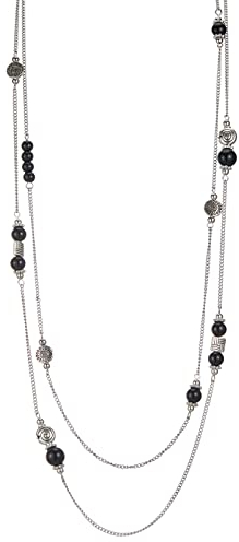 Bulinlin Damen Lange Perlen Kette Statement Halskette mit Silber Anhänger Modeschmuck Kette Geschenk für Frauen(Black)