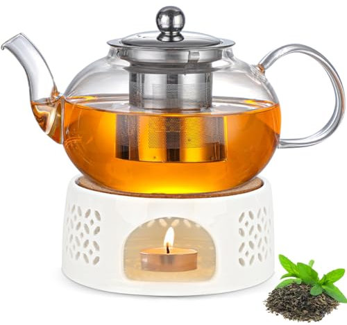 Umllpet Teekanne mit Stövchen Set, Glas Teekanne mit Infuser Teekanne, 1000ml Glasteekanne mit Edelstahl Sieb und Glasdeckel, Teewärmer Teekanne für schwarzen Tee grüner Tee Fruchttee duftender Tee