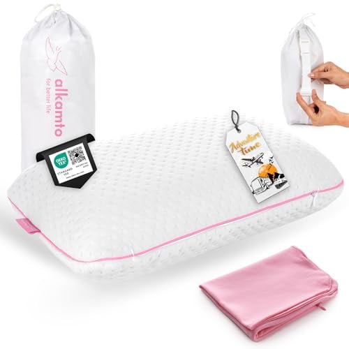 alkamto Oreiller de Voyage Oreiller de Camping - Mousse à mémoire de Forme avec Housse en Coton supplémentaire - Sac Inclus (40x25x10 cm Rose)