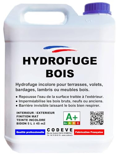 Hydrofuge Bois - Codeve Bois - 5 L - Intérieur / extérieur - Pour Votre Terrasse, Bardage, Volet, Lambris Ou Meuble En Bois.