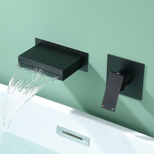 SevenGelok SS1H1-BK Badewannenarmatur mit Wandhalterung, Wasserfall-Wannenfüller-Set SUS304 Edelstahl und Messing, Einzelgriff, Auslauf, Griff und raues Ventil im Lieferumfang enthalten, Mattschwarz,