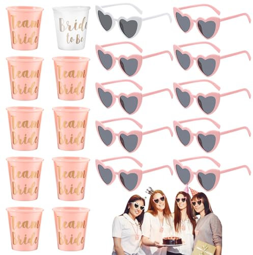 JGA Brille Team Braut Sonnenbrille, Schnapsgläser mit Kette, Partybrille Herz Sonnenbrille,10 Stück Herzbrillen und 10 Stück JGA Becher zum Umhängen, Hippie Herzförmige Brille für Junggesellenabschied