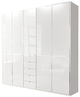 WIEMANN Drehtürenschrank mit 5 Schubkästen hochwertiger Kleiderschrank Schlafzimmerschrank 250cm breit, mit Schubladen, Glas Weiß, Höhe 236cm, Shanghai