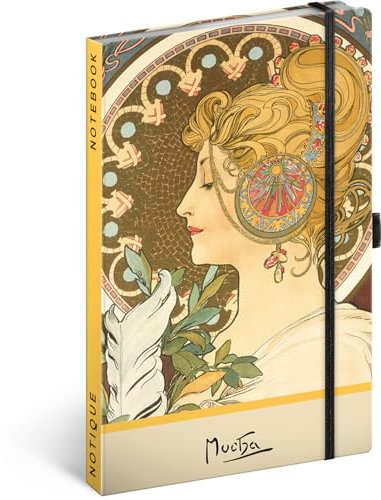 NOTIQUE Notizbuch Gepunktet mit Gummiband 13x21cm ca. A5, Designer Hardcover Notebook Dotted, Notizblock, Notizheft, Journal, Tagebuch für Erwachsene, Damen (Alphonse Mucha Stift)
