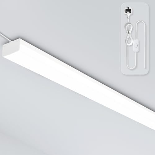 Full-Screen LED Batten Light, Linkable Plug in Ceiling Light 4FT, 3000K/4200K/6500K, Wide Range of Lighting, LED Ceiling Light Strip for Garage Lighting Office Living Room Kitchen Shed (White) 2P