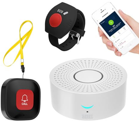 Notrufknopf für Senioren Notruf Kabellos Notfallknopf,Hausnotruf intern,Kompatibel mit Tuya Smart/Smart Life,(Unterstützt Wi-Fi 2.4GHz) WiFi Smart SOS Funkalarm Set (1Sender+1 SOS Armband+1Empänger B)
