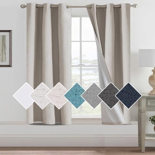H.Versailtex 100% Blackout Faux Linen Curtains with White Liner Grommet for Living Room and Bedroom - Thermal Eyelet Set, Natural W46 x L54 Inch, 2 Panels