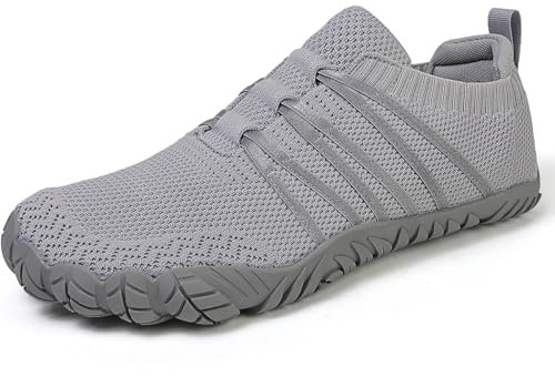 Barfußschuhe Damen Herren Breite Barfuss Schuhe Laufschuhe Zero-Drop Sohlen Zehenschuhe Traillaufschuhe Leichte Atmungsaktiv Fitnessschuhe Komfort rutschfest Straßenlaufschuhe Unisex(Grau 40EU)