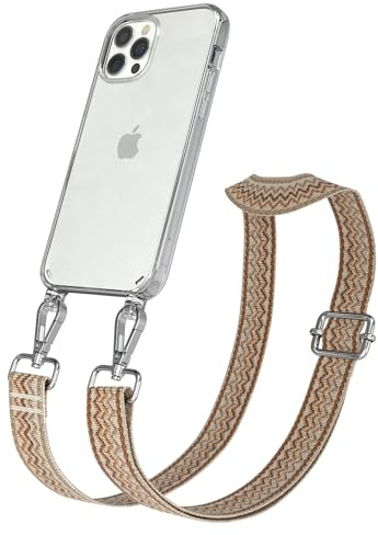 EAZY CASE Handykette - Verstellbares Taschenband kompatibel mit iPhone 12/12 Pro, Schulterriemen, Handykordel mit Silikon Hülle, Umhängetasche, Beige Braun Silber