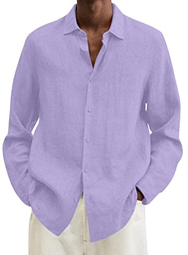 Camicia Lino Uomo Comode Casual Camicia da Spiaggia Leggera Elegante Estiva Henley Shirts Tinta Unita Maniche Lunghe Hawaii in Maglietta Vacanze con Bottoni vestibilità Regolare T-Shirt da Uomo