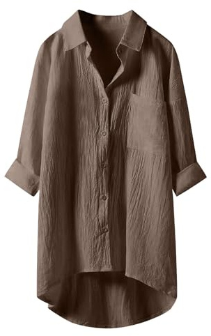 Angxiwan Button Down Shirts for Women UK Lightweight Linen Cotton Blouse with Pocket Casual Loose Fit Long Sleeve Tunic Tops Oversized Solid Color Tee Shirt Jacket for Daily Vacation Office.