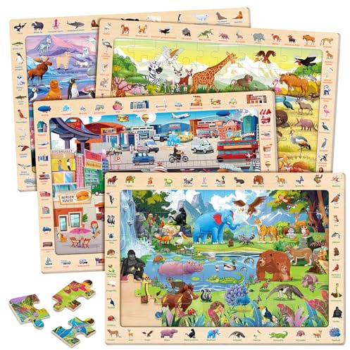 SYNARRY Wooden Animal Jigsaw Puzzles for 3 4 5 6 Year Olds | 4 x 60 Piece, Match & Find Puzzles, Jungle Savannah Polar Animals & City Life Themes, Educational Toys Gifts for Kids