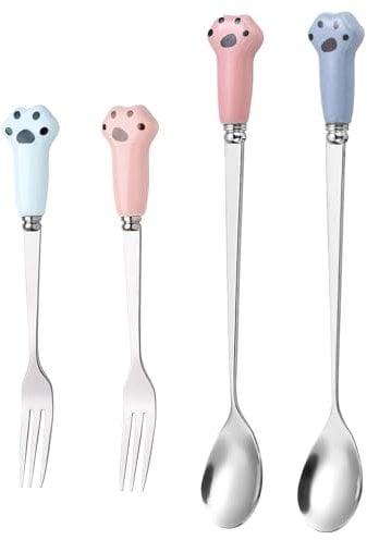4 Pcs Dog Food Fork, Paw Cat Can Spoon, Stainless Steel Pet Food Fork Spoon Set, Cat Dog for Pet Feeding Wet, Durable Pets Feeding Utensils for Storage Containers (Blue, Pink)