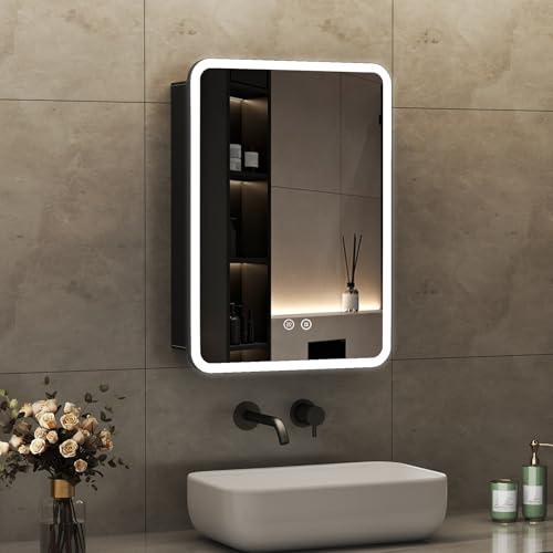 Boromal Spiegelschrank Bad mit Beleuchtung Badezimmer Spiegelschrank mit Beleuchtung Schwarz Metall Badezimmerschrank mit Dimmbar, Beschlagfrei, Stecker und Verstellbare Glasablage (40x60x13,5cm)