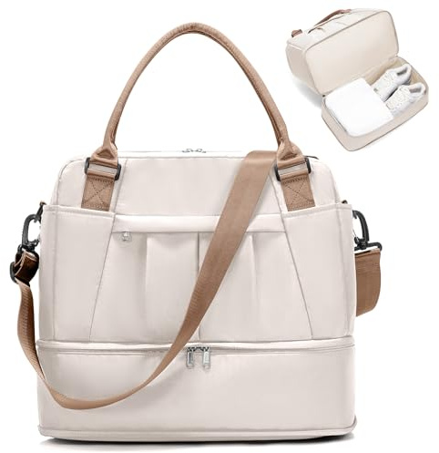 for Ryanair Airlines Underseat Cabin Bag 40x30x20 Weekend Overnight Carry on Holdall for Women Travel Duffel Sport Gym Tote Mum Hospital Bags with Wet Pocket,C02-Beige Brown