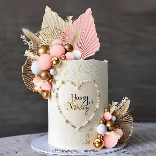 Boho Tortendeko 44 Stück Torten Deko Kugeln Goldene Rosa Ginkgoblätter Fächer Weiße Blätter Tortendekoration für Hochzeit, Geburtstagsfeier, Babyparty