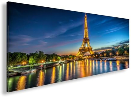 Leinwandbild Eiffelturm leuchtet über Paris im Farbenrausch der Dämmerung Panorama 120x60cm XXL Wandbild auf Keilrahmen/Kunstdruck/Bild Wohnzimmer Dekoration