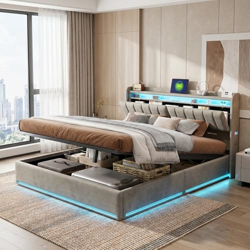 HYTKKBD Letto Matrimoniale 160x200 cm con Contenitore Idraulico, Letto Imbottito con LED e USB, Letto Baule con Funzione di Stoccaggio, Rete a Doghe in Legno, Senza Materasso, Grigio