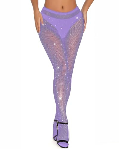 WULIQIUQIU Calze a rete con strass per le donne collant scintillanti a vita alta, Viola, Taglia unica