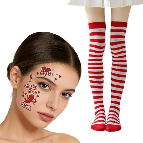 Gestreifte Strumpfhose Damen Kniestrümpfe Rot Weiß Gestreift + Gesichtstattoos Alaaf Kniestrümpfe Karneval Rot Weiß Kostüm Accessoires, clown strumpfhose für Halloween Fasching Karneval Mottoparty