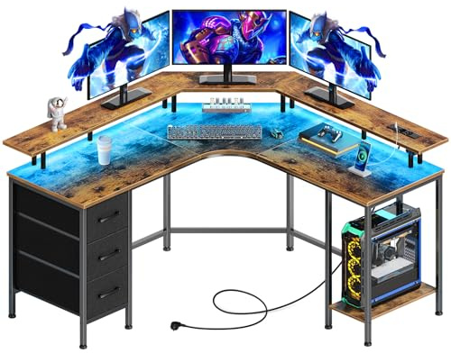Seventable L-Shaped Gaming Desk, Corner Computer Desk with LED Lights & Power Outlets, 3 Fabric Drawers & Storage Shelf, Writing Table for Home Office, PC Gaming (Rustic Brown, 119 x 119 x 88 cm)