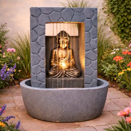 Festive Lights – 43cm Garden Water Feature, Buddha Rainfall Outdoor Fountain, Solar, USB & Mains Powered, Grey & Gold Resin, LED Light, Timer, IP44, External Panel