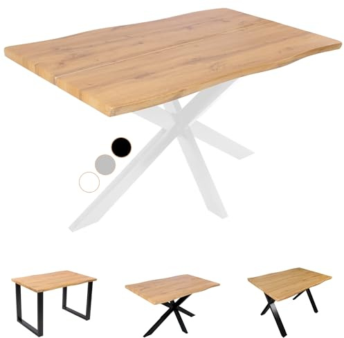 SAM Esstisch Dua | 120 x 80 cm | Holz-Optik mit Baumkante in Wildeiche | Spider-Gestell Metall Weiß | 40 mm Tischplatte geteilt | Tisch für Esszimmer & Küche