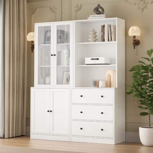 VOWNER Bookcase with Doors and 3 Drawers, 180cm Tall White Display Cabinets for Living Room, 40cm Deep Bookshelf Storage Cabinet Shelving Unit for Home Office