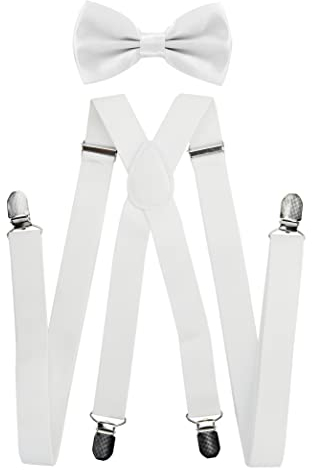axy® Herren Hosenträger mit Fliege - 4 Starken Clips X-Form (Weiss (Hosenträger Breit 2,5cm))