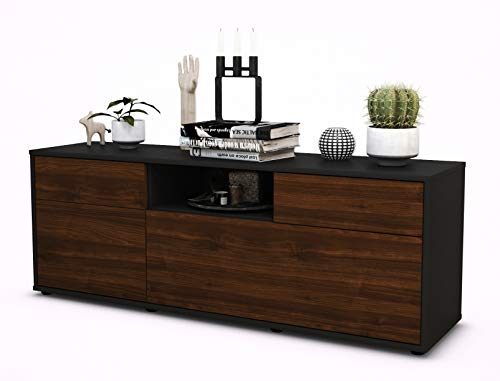 Stil.Zeit TV Schrank Lowboard Anita, Korpus anthrazit matt, Front Holz Design Walnuss (135x49x35cm), Push to Open Technik & Leichtlaufschienen