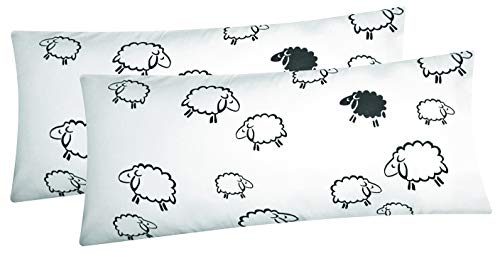 Heubergshop Baumwoll Renforcé Kissenbezug - 2er Set in 40x80cm - Schafe Lämmer - Kopfkissen-Bezug, Kissenhülle, Dekokissenbezug aus 100% Baumwolle (Schafe Weiß/Schwarz 99/2)