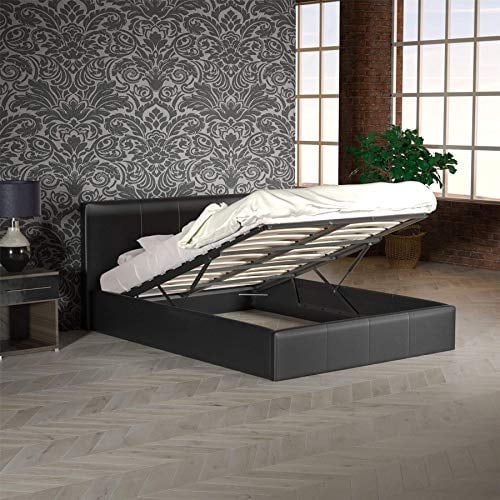 Vida Designs Lisbon Double Bed, 4Ft6 Ottoman Bed Frame Upholstered Faux Leather Headboard Low Foot End Bedroom Furniture, Black (UKFR Certified)
