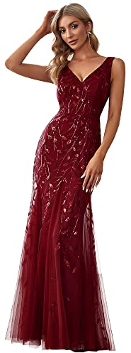 Ever-Pretty Damen Abendkleid Meerjungfrau Pailletten Tüll V Ausschnitt lang Burgund 36