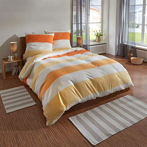 Traumschlaf Bettwäsche Biber Streifen orange kuschelig weiche Made in Germany Qualität aus 100% Baumwolle - mit Reißverschluss