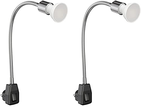 ledscom.de 2 Stück Steckdosenlampe LESCH Leselampe Schwanenhals, Schalter, chrom/schwarz + LED Lampe 630lm weiß