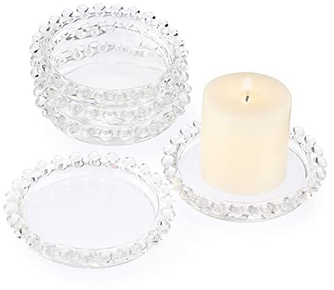 SUMTree 5 PSC Transparent Glass Candle Plate with Beads Rim Cup Crystal Cup Mat for Pillar Candle Clear Plate Home Décor for Wedding Party Dinner Event Centerpiece Home Decor, 3.5 Dia