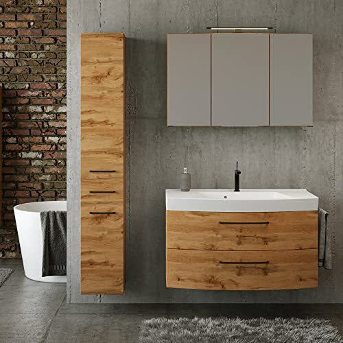 Lomadox Badezimmer Set Industrial Style 100 cm Waschtisch und Hochschrank in Wotan Eiche Nb. inkl. Waschbecken, B/H/T: ca. 130/200/50 cm