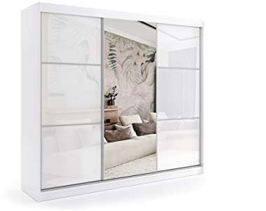 ALTDECOR Kleiderschrank mit Spiegel und Schiebetüren, kugelgelagerte Führungsschienen und Aluminium-Leisten, LED-Beleuchtung (weiß + 16 Farben) und Fernbedienung - VIVI - 180 cm Weiß