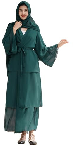 Gebetskleidung F?r Frauen, Muslimische Kleider Damen, Chiffon Offenes Kleid Abaya Muslim Gebetskleid mit Hijab Islamische Kaftan Robe In Voller L?nge Dubai Nahen Osten T?rkei Ramadan Dunkelgr?n S