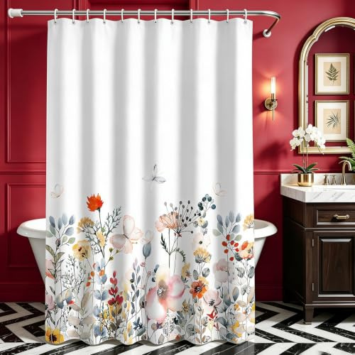 Lerores Duschvorhang 120x200cm Blumen, Beschwerter Saum Antischimmel Textil, Wasserabweisend, Waschbar Polyester Badevorhänge mit Ösen und 8 Duschvorhangringe für Badezimmer, Badewanne