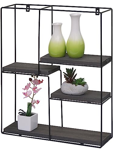 Mendler Wandregal HWC-K76 51x40x11cm Metall - dunkelgrau | Hängeregal, Schweberegal, Regal, 4 Regalböden, Massiv-Holz, Industrial