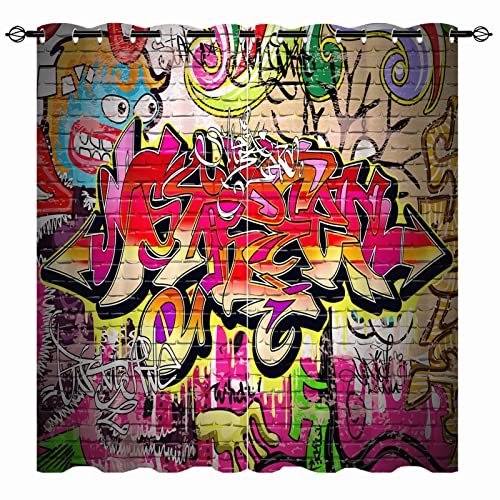 YUANZU Graffiti Vorhänge Bunt Hip-Hop Doodle Hippie Ösen Gardinen mit Blickdichte Thermo Vorhang Kälteschutz Blackout Curtain Kinderzimmer Schlafzimmer Verdunkelung Fenster, 2 Stück, H 160 x B 132 cm