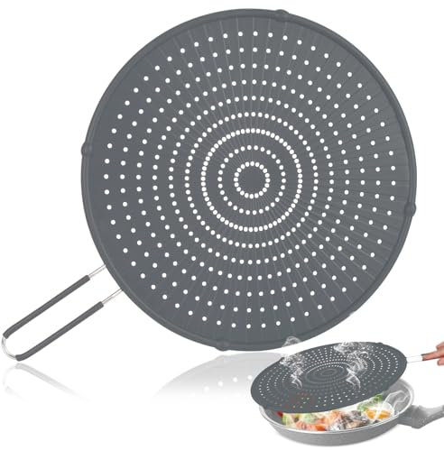 Akicderu Silikon Spritzschutz Pfannen, 33 cm Mehrzweck Pfannen Spritzschutz, Pfannenspritzschutz Universal zum Schutz vor Fettspritzern, Grau