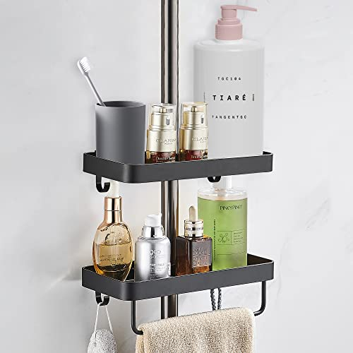 GERUIKE Étagère de Douche sans Perçage pour Barre de Douche - Etagère de Salle de Bain avec Crochets et Porte Serviette Panier de Douche Noir Lot de 2 pour Rail de Douche de Φ 18-25 mm