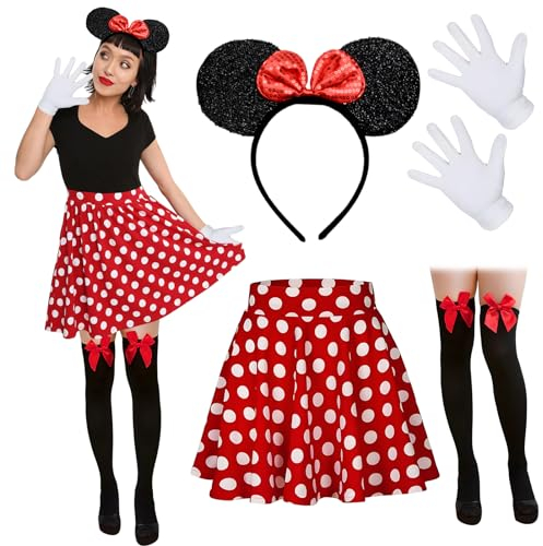 Meanju Mouse Faschingskostüme Damen Mit Weiß Gepunktet Pailletten Haarreifen+Faltenrock+Overknee Strümpfe+Handschuhe Für Kostümparty, Fasching, Karneval Party (S)